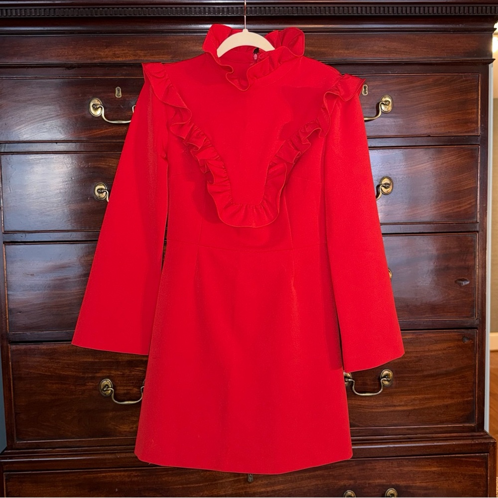 Roman Red Long-Sleeve Mini Dress with Ruffle Trim Size EU 40/US 10